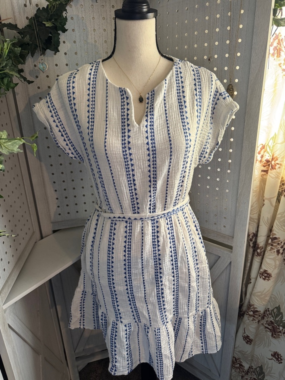 Ronni Nicole White and Blue Striped Midi Dress